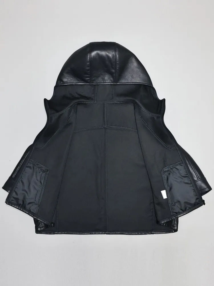 Natural Sheepskin Cape Short Coat Women Loose Fit Batwing Sleeve Casual Genuine Leather Hooded Jacket Female Black Outerwear New