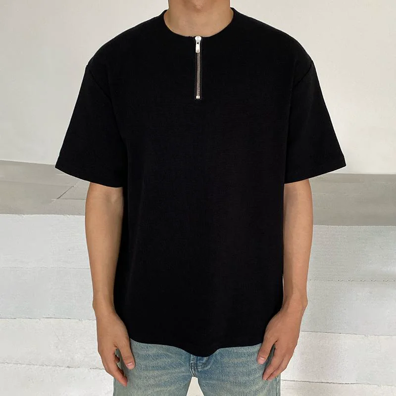 

Summer Men Short Sleeve Henley Shirt Zipper Teenager Korean Fashion Simple Casual All-match Loose Clothing Tops White Black Grey