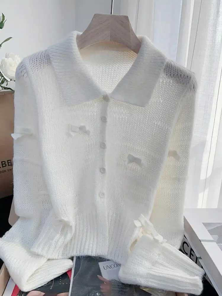 

French Retro Women White Elegant Long Sleeved Bow Sweater Autumn Winter Rose Red Single Breasted Versatile Cardigan Knitted Tops
