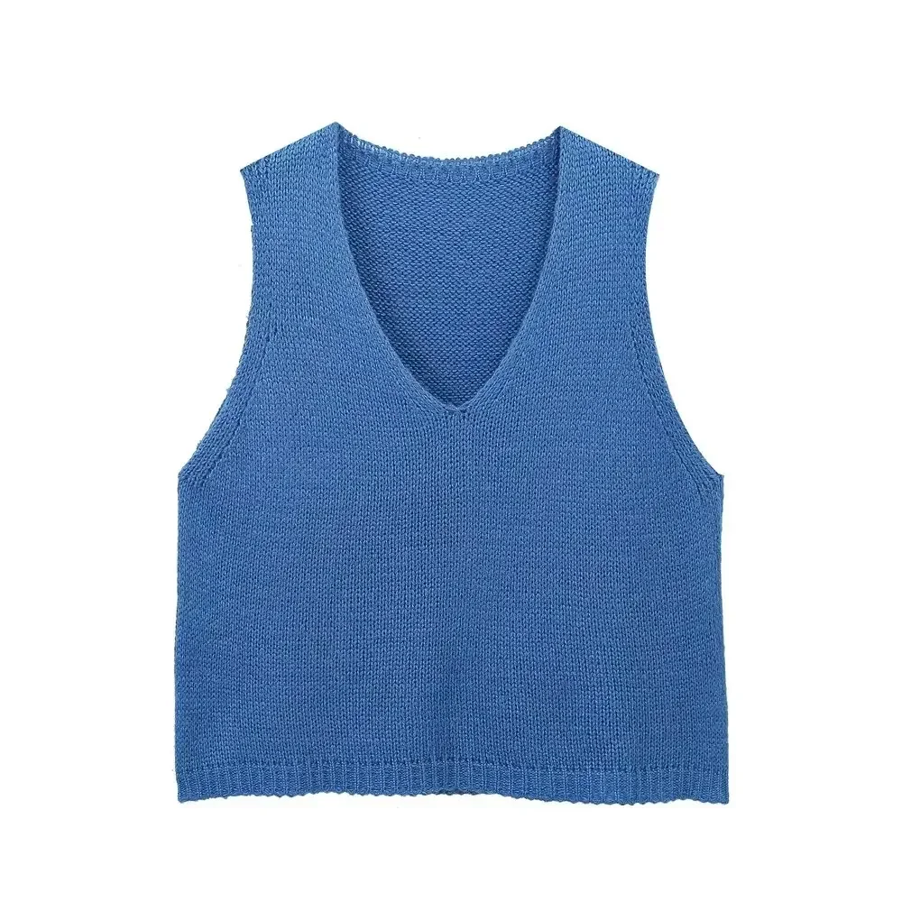 

Women's 2024 New Fashion Casual Versatile Knitted Vest Solid Color Short V Neck Knitted Vest Retro Women's Tank Top Chic Top