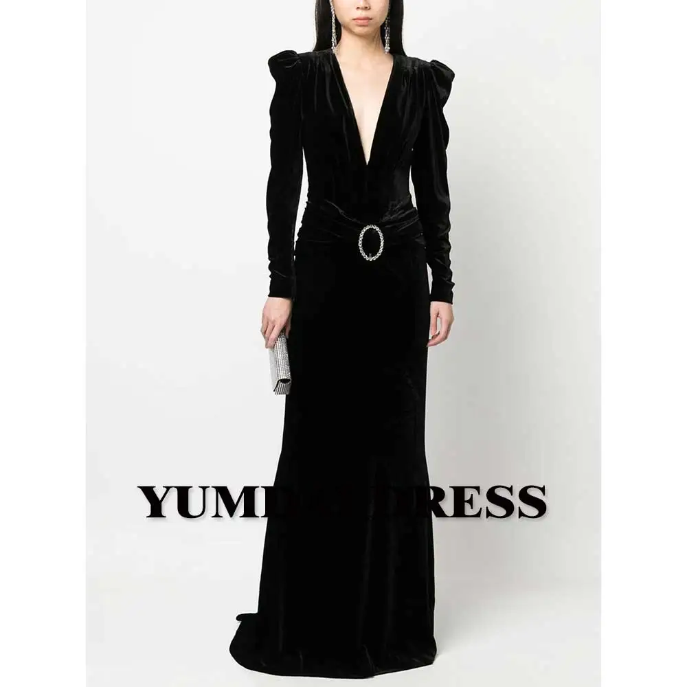 YUMDAI Luxury Black V-neck Elegant Velvet Evening Dress Saudi Arabia Long Sleeve 2023 Female Formal Ball Ｇown Wedding Mom Dress