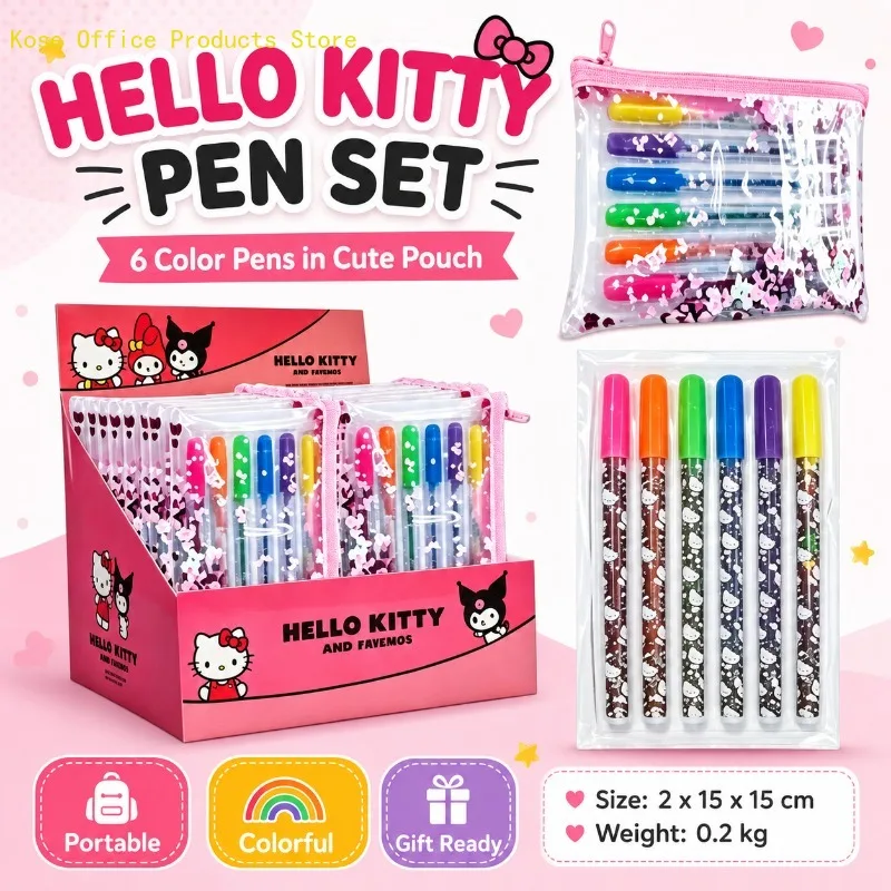 Set di Penne Hello Kitty, 6 Colori Vivaci, Astuccio Portatile, Penne per Appunti Scolastici, Studio, Regalo di Compleanno