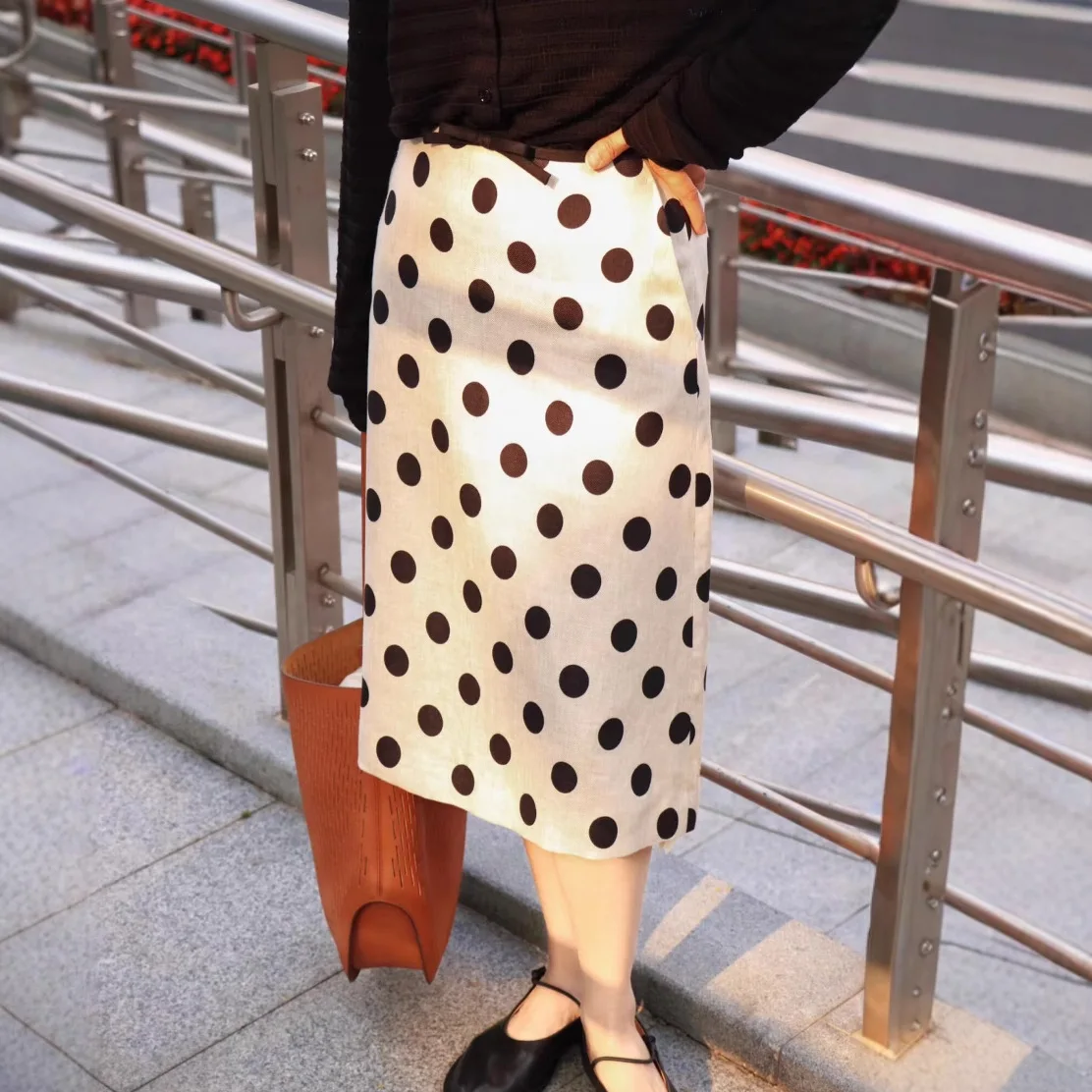 Polka Dot Print Anzug Twill Leinen Kurzarm Top Sommer Casual Rundhals T-Shirt Vintage Polka Dot Rock