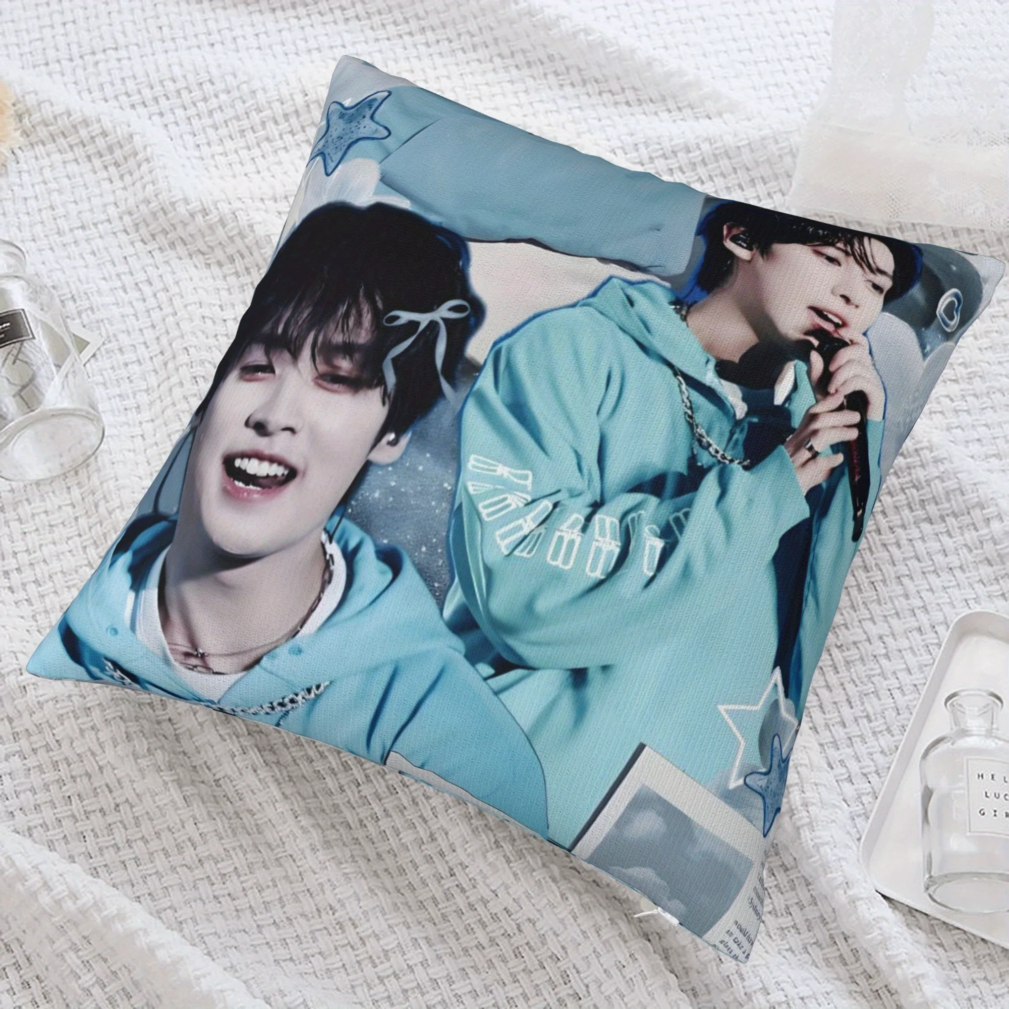 Stray Kids Lee Know Turquoise Star Print Lumbar Pillow Cover Zipper Removable Polyester Washable Home Office Decor for Kpop Fans