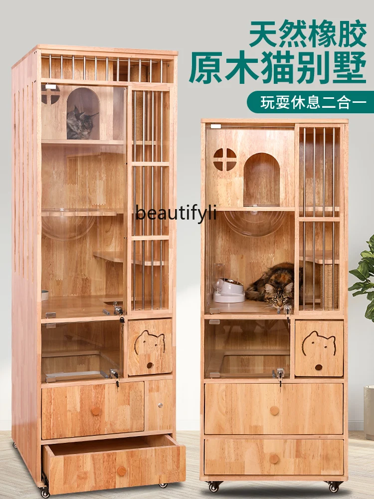 Solid Wood Villa Oversized Home Indoor Cat Castle Cattery House Breathable Not Covering an Area