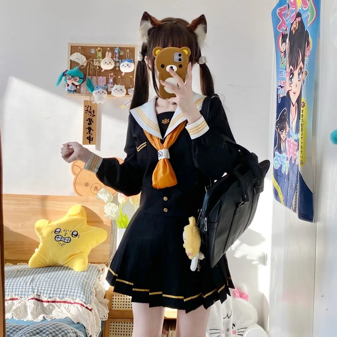New Japanese School Jk Uniform Girl Sailor Suit Sexy Spring and Autumn Orange Tie White Seifuku Uniform Women Long Sleeve Set