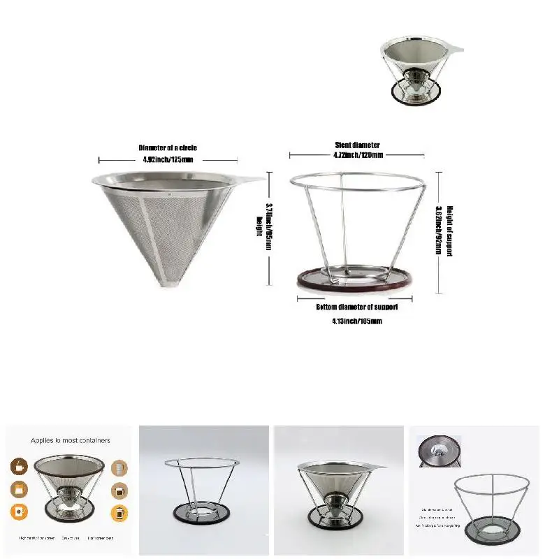Cone Coffee Filter With Stand Stainless Steel Double-deck Filters Ccreen Reusable Pour Over Coffees Maker Dripper Funnel