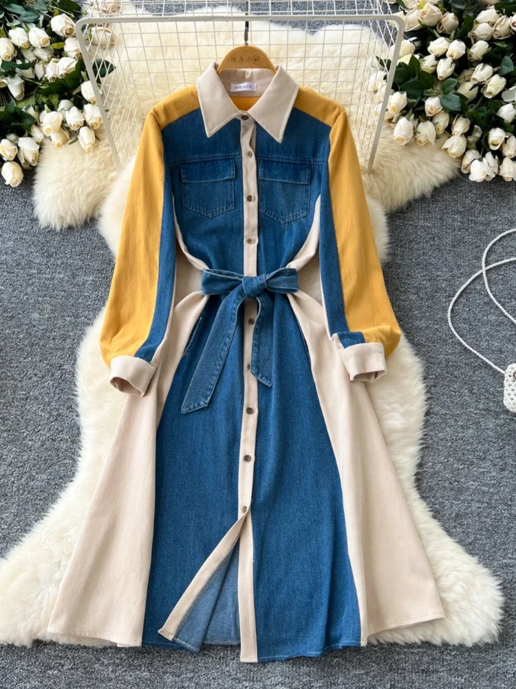 Women Vintage Street Dress Autumn Long Sleeve Lapel Single Breasted Denim Patchwork High Waist Slim A-line Shirt Dress for Women