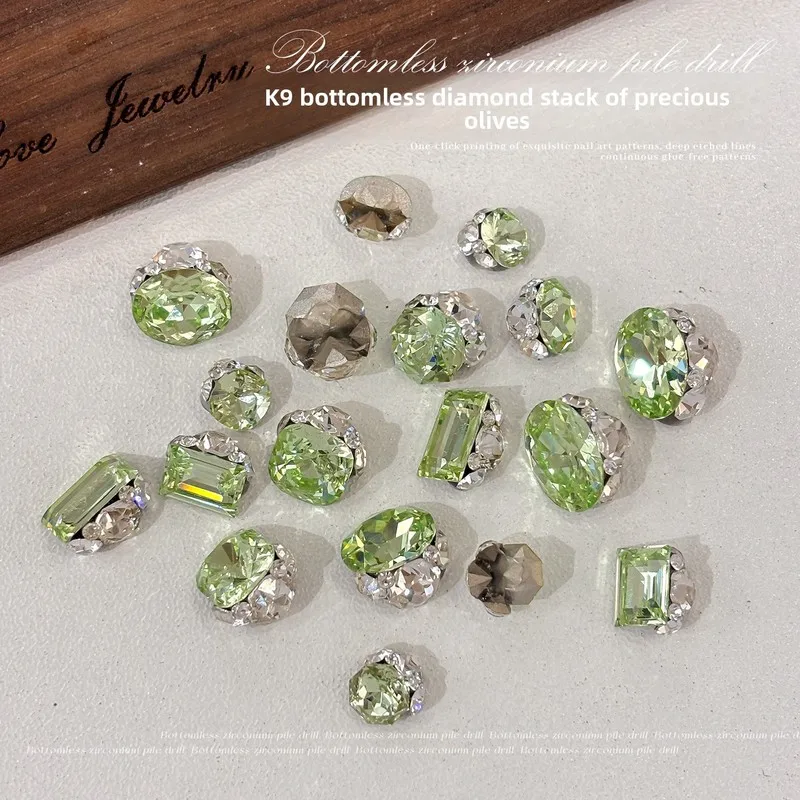 LYLE 3Pcs K9 Olive No Base Stacked Rhinestone Nail Art Charms Light Luxury Sparkly Rock Candy Chunky Square Pigeon Egg Ball Gems
