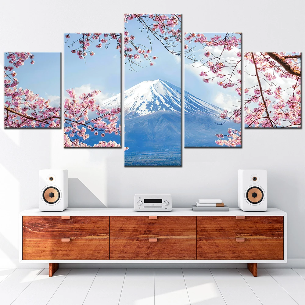 5 Panel Canvas Art Wall Decor Painting Fuji Mountain Sakura Landscape Painting Picture Modern Home Decoration Poster Framework