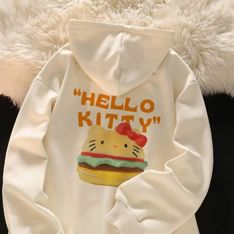 

Sanrio Hello Kitty women's Hooded Sweatshirt Fleece Lined Student Autumn Winter American Hamburger Print Oversize Loose Fit