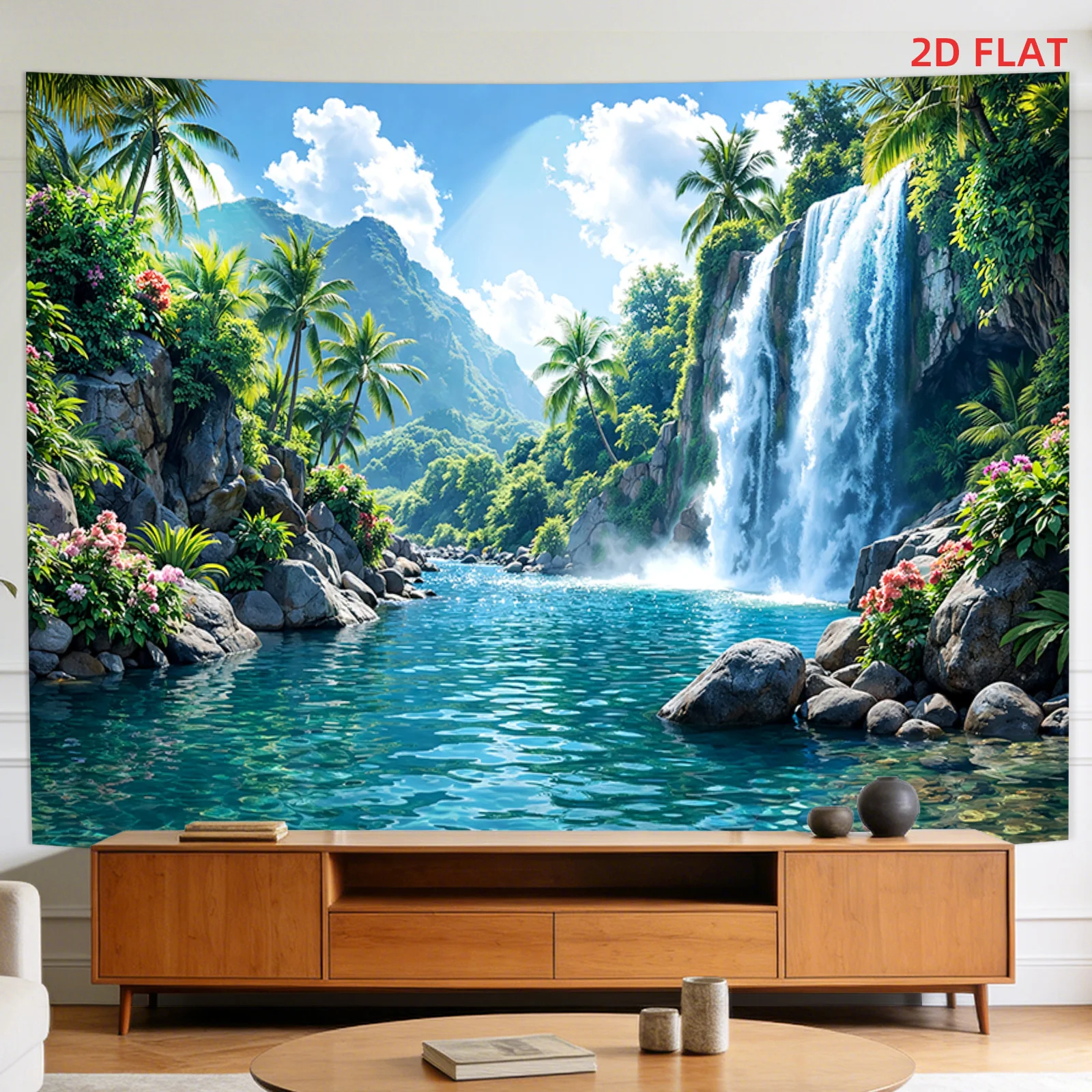 2D-Wandteppich, 1 großes/kleines Wandteppichbild – Wandbehang mit Palmen, Dschungel, Wasserfall und Flusslandschaft. PMJ