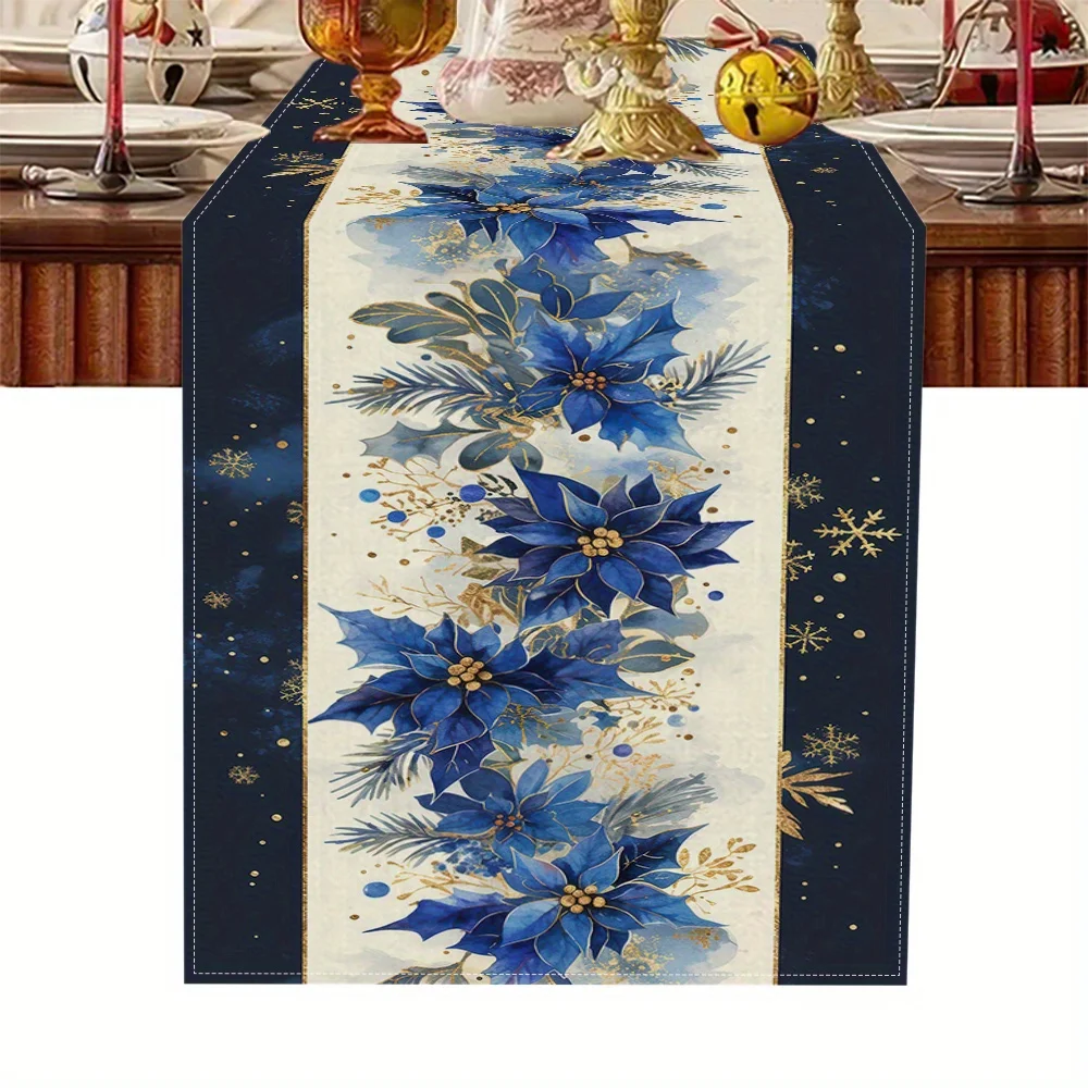 

Christmas Poinsettia Navy Blue Linen Table Runner Party Decor Winter Xmas Kitchen Dining Table Runners Christmas Decorations