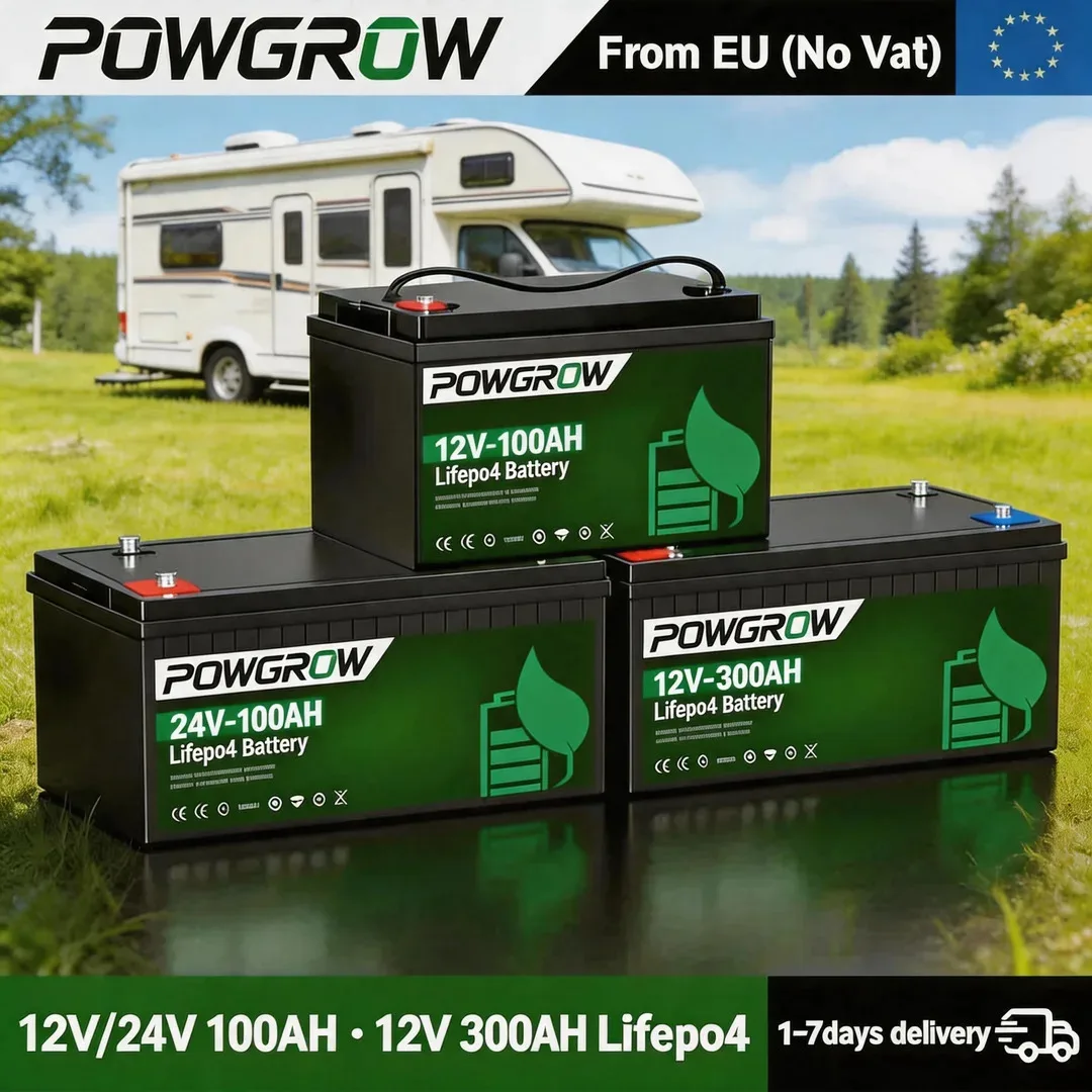 POWGROW Batterie LiFePO4 100Ah 300Ah 12V 24V Grade A+ Parallèle et Personnalisable, Plus de 6000 Cycles de Vie, Stock Pologne pour Usage Domestique Sans Taxe
