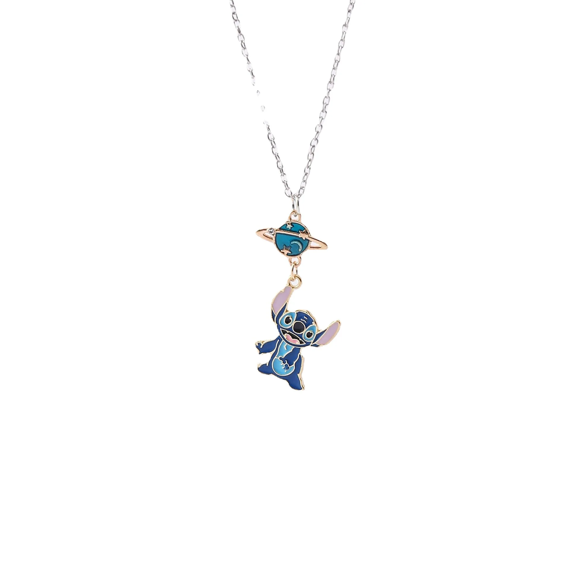 Disney Stitch Necklace Planet Cartoon Figure Angel Kawaii Pink Blue Saturn Pendant Jewelry Children's Accessories Birthday Gifts