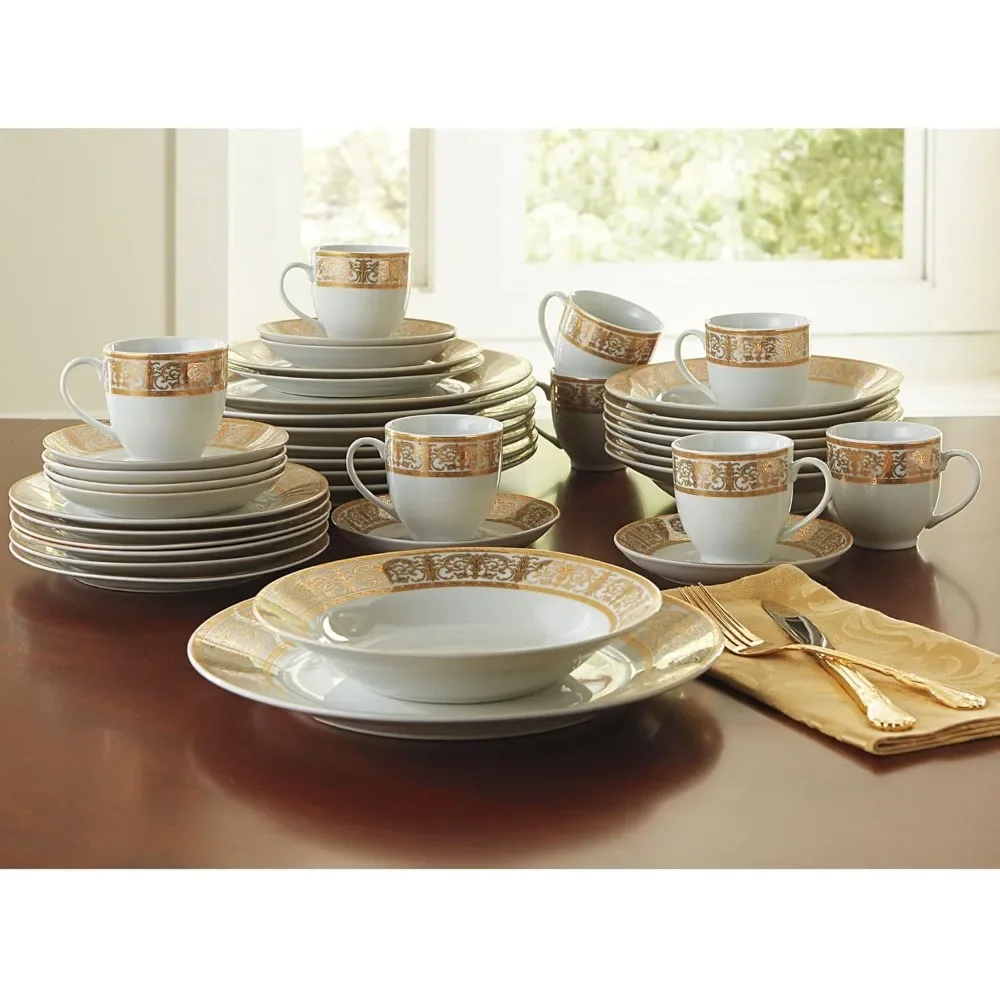 Medici 40-Piece Premium Golden Porcelain Dinnerware Gold White Set (Service For 8) Includes Dinner Dessert Plates Bo