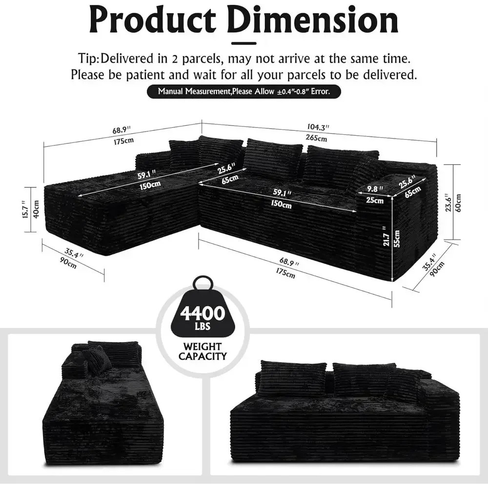 Black Corduroy L-Shaped Sectional Sofa with Oversized Deep Seats and Chaise Lounge for Living Room