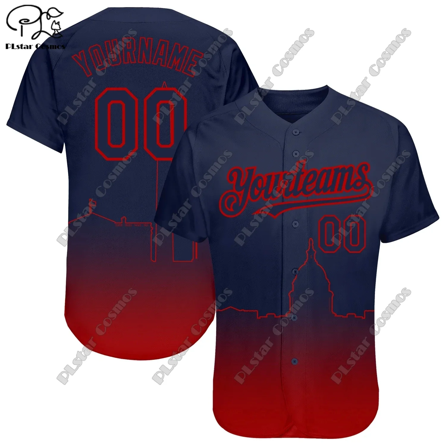 3D Printing Baseball Shirts Custom Name Blue Red Gray Green City Edition Silhouette Gradient Fade Fashion Baseball Shirts Unisex