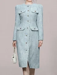 Women's Dresses Winter Long Sleeves Luxury O-Neck Tassel Single Breasting Tweed Dress Korean Blue Elegant Slim Dress