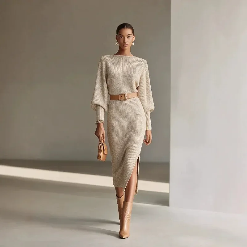 Elegant One Shoulder Long Sleeve Batwing Dress for Women 2026 New Style with Waist Belt