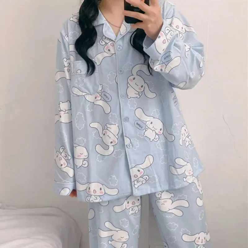 Sanrio Cinnamoroll Cartoon Women\'s Pajama Y2k Cute Fashion Sleepwear Set Woman 2 Piece Long Sleeve Home Suit For Female 2024 New