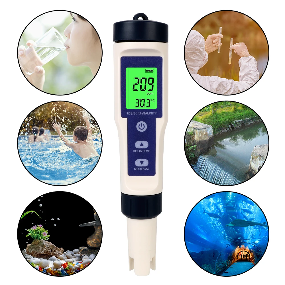 Temperature Hydrogen-rich Meter Purity Measure Tool 5 in 1 PH/TDS/EC/SALT/TEMP Water Quality Detector