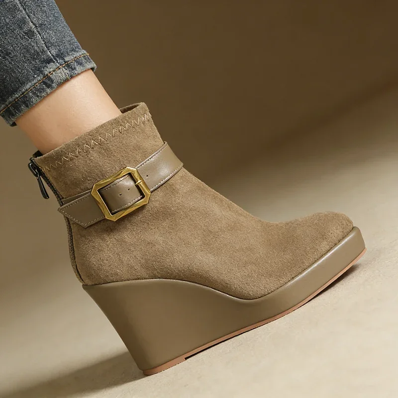 

2026 Fashion Single Shoes Women High Heels Boots Pointed toe Brand Ladies Wedges Ankle Boots 10cm Big Size 42 DX782