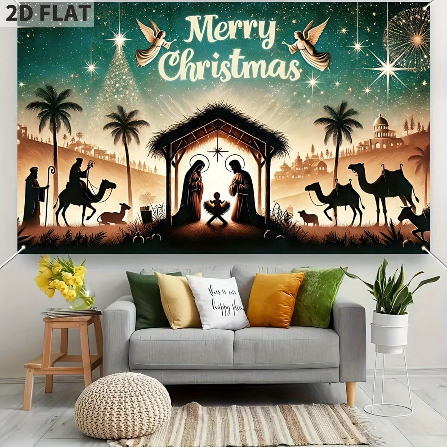 

Christmas Banner Nativity Scene with Angels and Starry Sky Banner christmas yard decorations 71 x 43 Inch Polyester Backdrop
