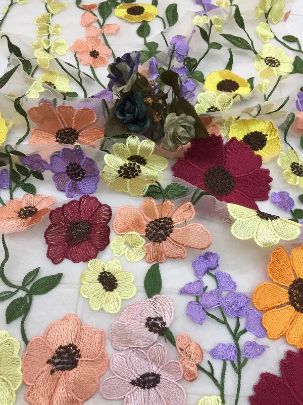 جديد متعدد الألوان ثلاثي الأبعاد العائمة زهرة شبكة نسيج الدانتيل والتطريز اليدوية لوليتا المرحلة تنورة اكسسوارات الزفاف #5