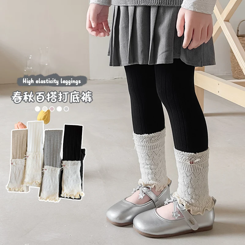 Lovely Girls Sweet Korean Leggings Lace Leg Warmer Splice Plaid Heart Polka Dot Bow Accent Breathable Stretchy Nine-Point Pants