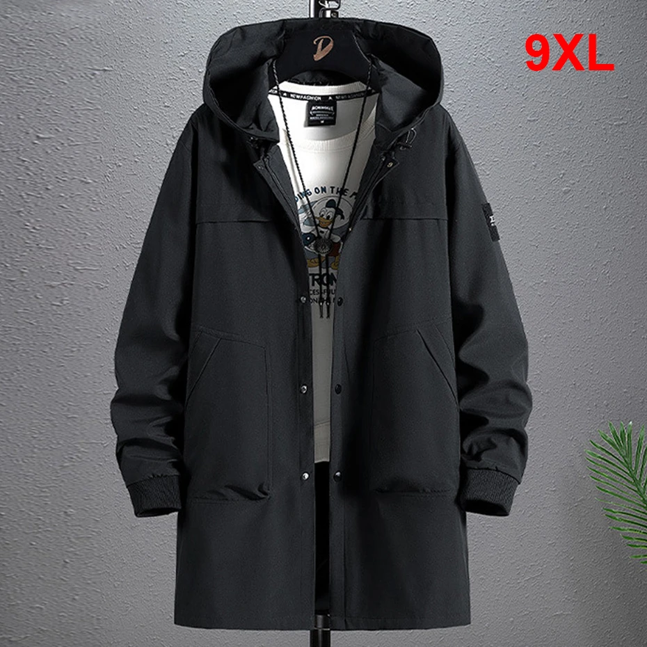 9XL Plus Size Solid Color Windbreaker Jacket Men Casual Fishing Long Jacket Coat Solid Color Outdoor Outerwear Big Size 9XL