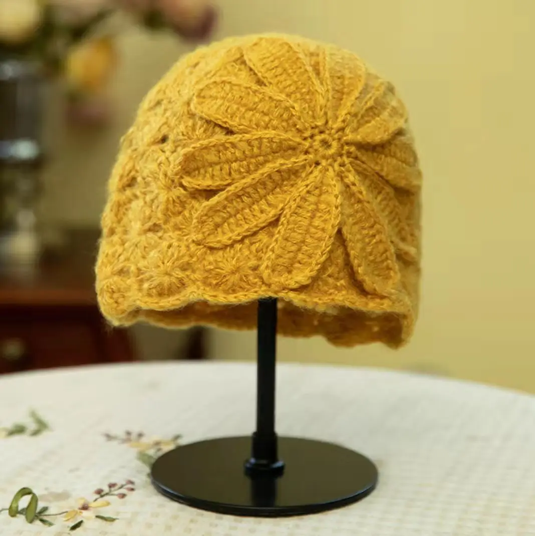 Elegant Knitted Hat Winter Women French Fashion Embroidery Cap Autumn Flower Hollow Out Crochet Wool Hat Retro Japanese Beanies