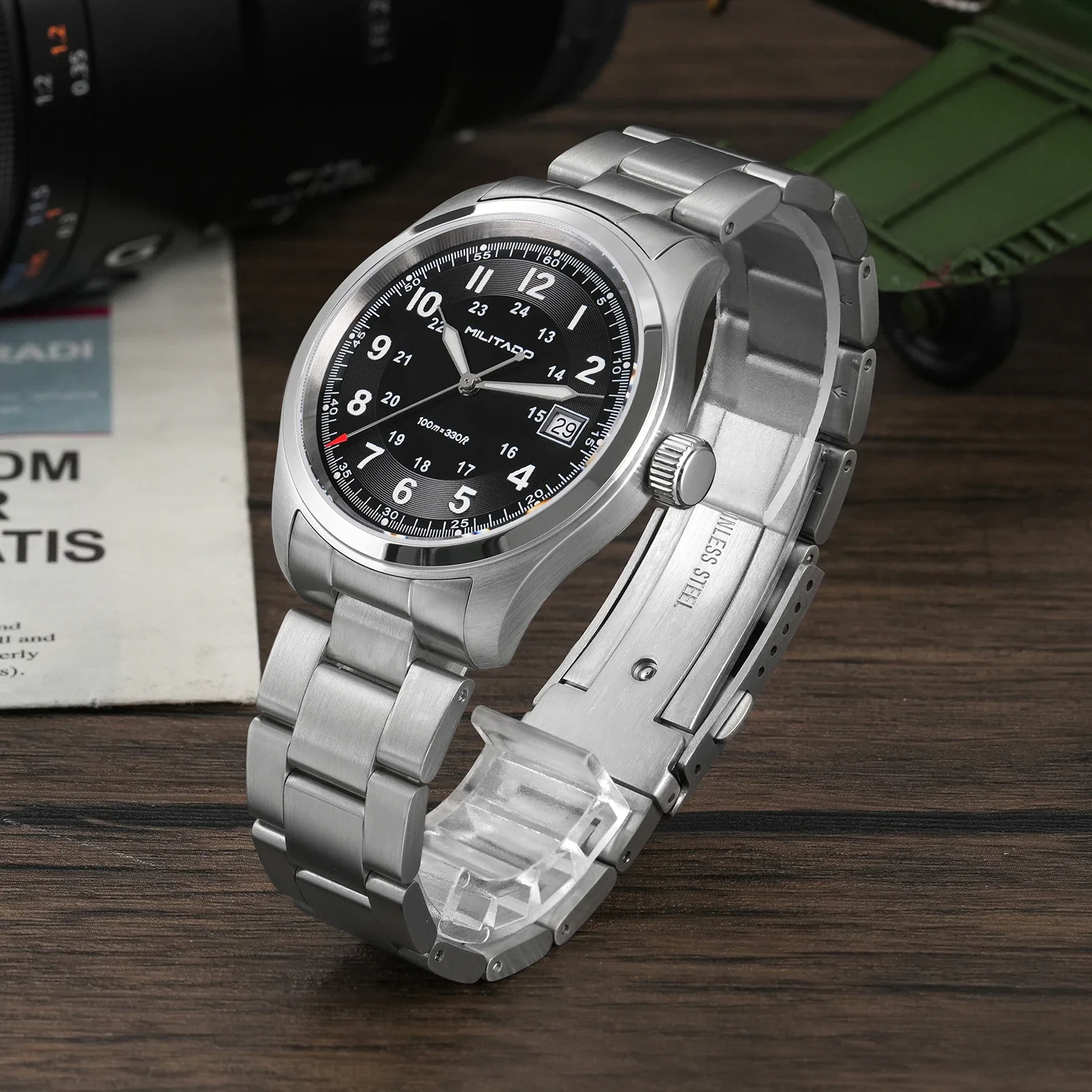 Militado ml08 relógio de quartzo vintage ronda 515 movimento ar espelho safira 38mm relógio de pulso data super luminoso relógios à prova dwaterproof água