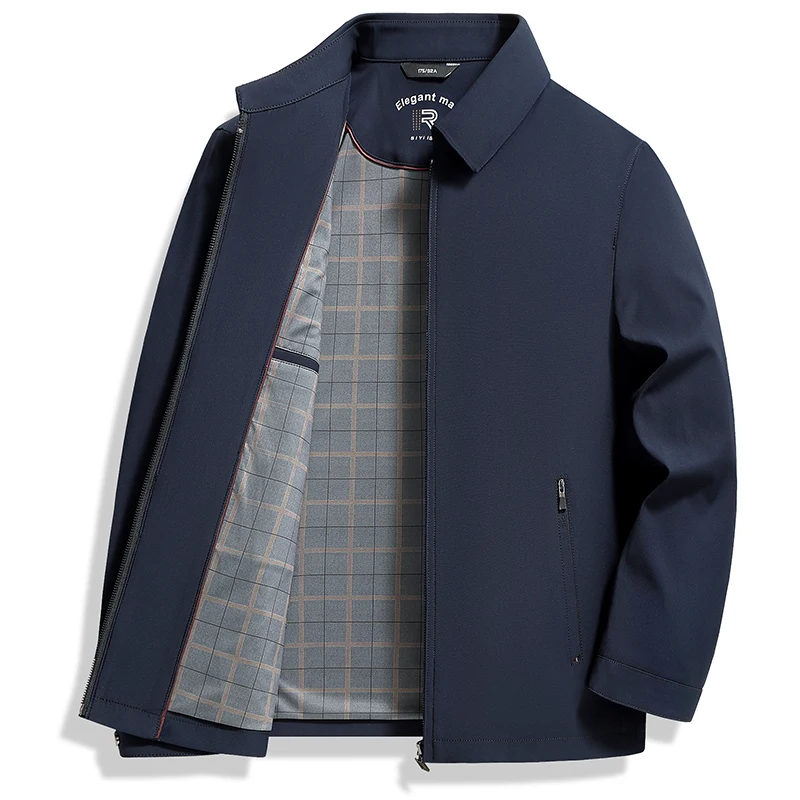 

Four Season Men Executive Jacket Navy Blue Khaki Turn Down Collar Zipper Opening Design Coat Business Casual Attire Workwear