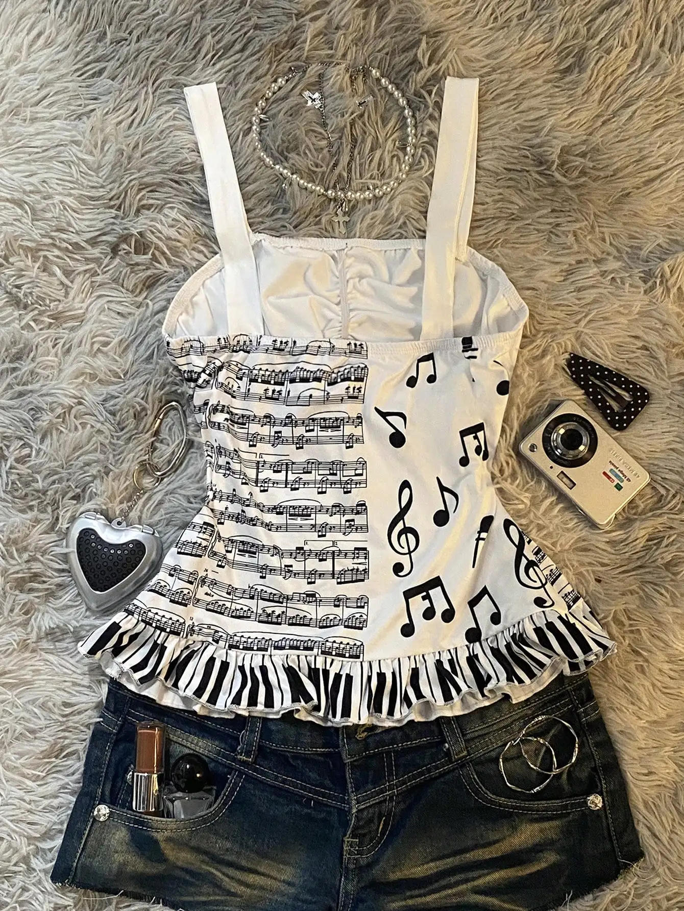 Harajuku Y2K Vintage Music Sheet Print Lace Trim Cami Tops Women Slim  Ruched Bow Ruffle Casual Streetwear Female Korean Fashion