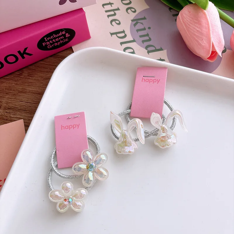 

New Korean Mermaid Hair Bands for Girls Iridescent Star & Flower Scrunchies Gentle Elastic No Tangle Kids Set of 2