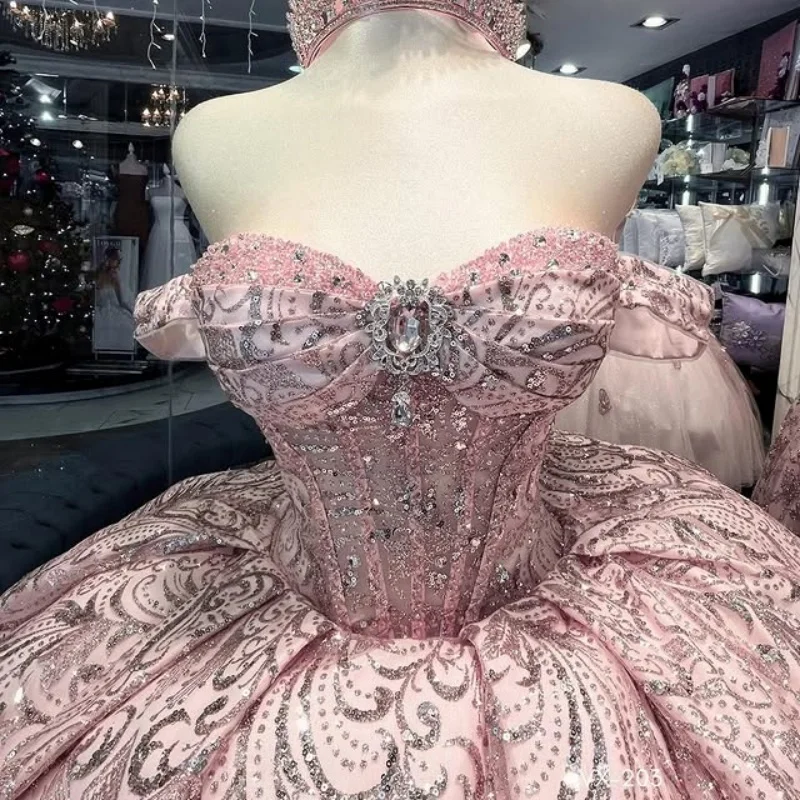 

Shiny light pink Quinceanera Dress Crystal Glitter Decal Lace off-shoulder Long tail Vestidos De 15 Quinceanera ﻿Customize