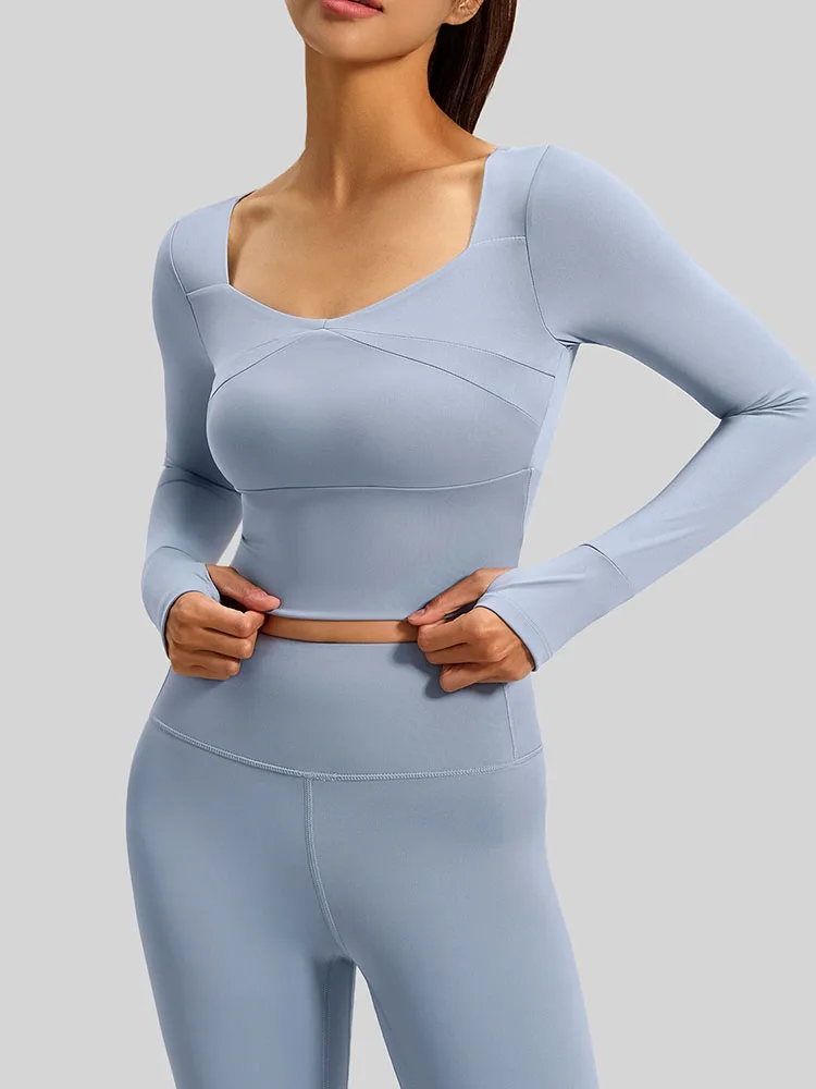 Long Sleeve Yoga Top With Removable Bra Pads Square Neck Workout Crop Top Quick-Dry Sports Fitness T Shirt For Women
