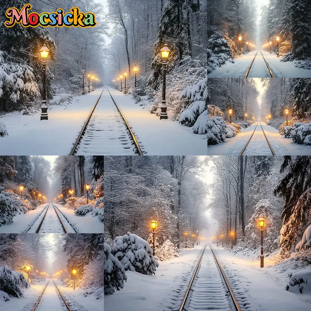 Mocsicka Photography Background Winter Snow Train Tracks Decoration Kids Family Xmas Holiday Party Portrait Photo Studio Props