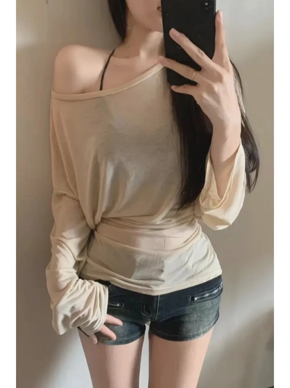 American Style Long Sleeve White Irregular Shoulder T-Shirt Women Summer Thin Veil Shoulder Exposure Sun Protection Cover up Top