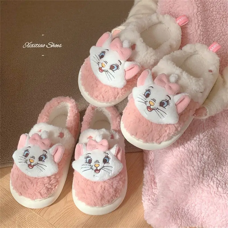 Kawaii Disney Marie Cat Damen-Baumwollhausschuhe, Winterhaus, rutschfeste Plüschhausschuhe, niedliche Cartoon-Schuhe mit weichem Boden