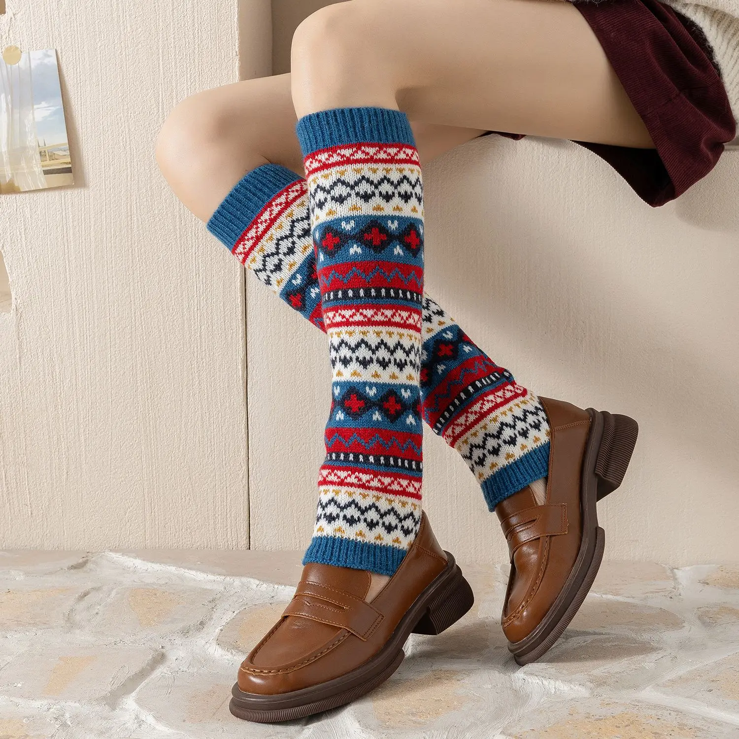 

Christmas Red Leg Warmers Boho Knitted Boot Socks Yoga Ballet Dance Vintage Academic Style Thick Stacked Crew Socks Women Gift​