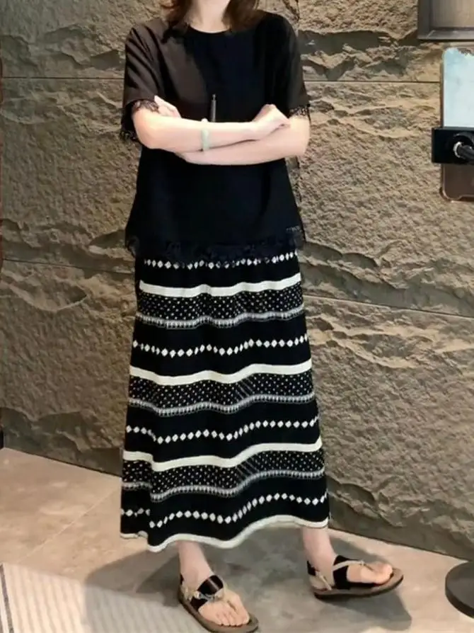 2026 Summer New Bohemian Style Half Skirt with Texture Folded Stripe Polka Dot Pattern Holiday Vintage Women's Skirt