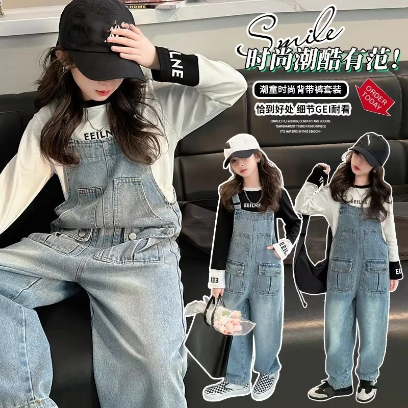 Spring Kids Overalls Slim Trousers Girls Suspender Bib Denim Pants Teenage Jeans Jumpsuit Clothes Children Clothing 5-14Years