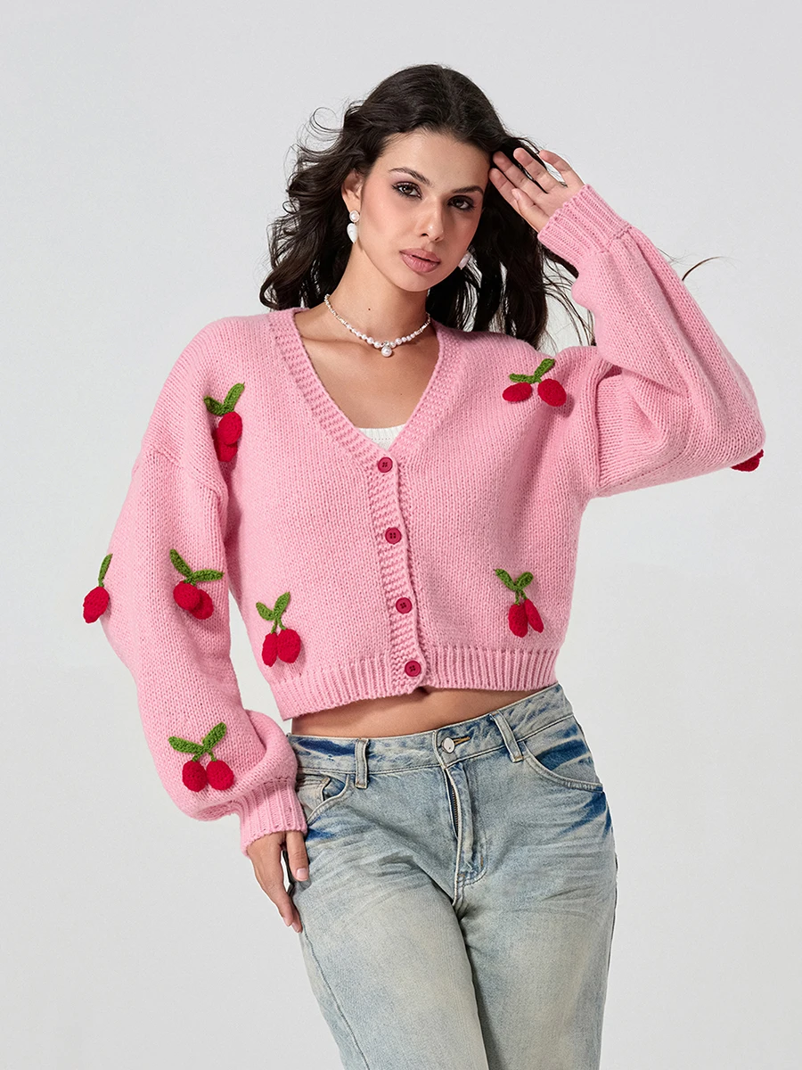 wsevypo Fall Winter Sweet Knit Sweaters Coats Women\'s Strawberry/Cheery Decor Long Seeve V-neck Button down Cropped Cardigans