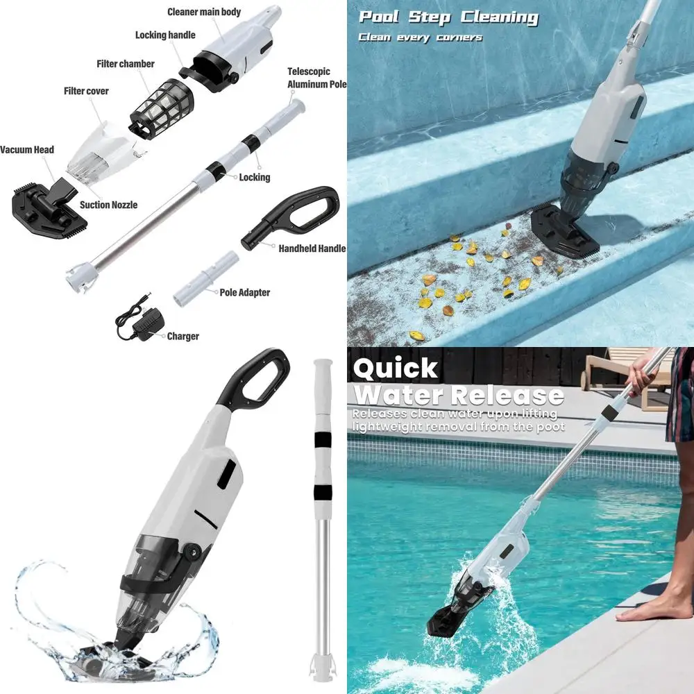 

90-Minute Runtime Cordless Pool Vacuum with 69 Pole for Above and In-Ground Pools, Rechargeable, Grey