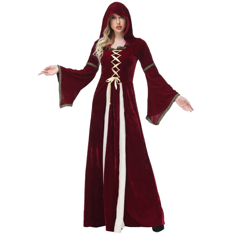 Halloween Gothic Style Long Dress with Hood Dark Red Court Theme Magic Cosplay Robe Women's Ethnic Costume Stage Performance