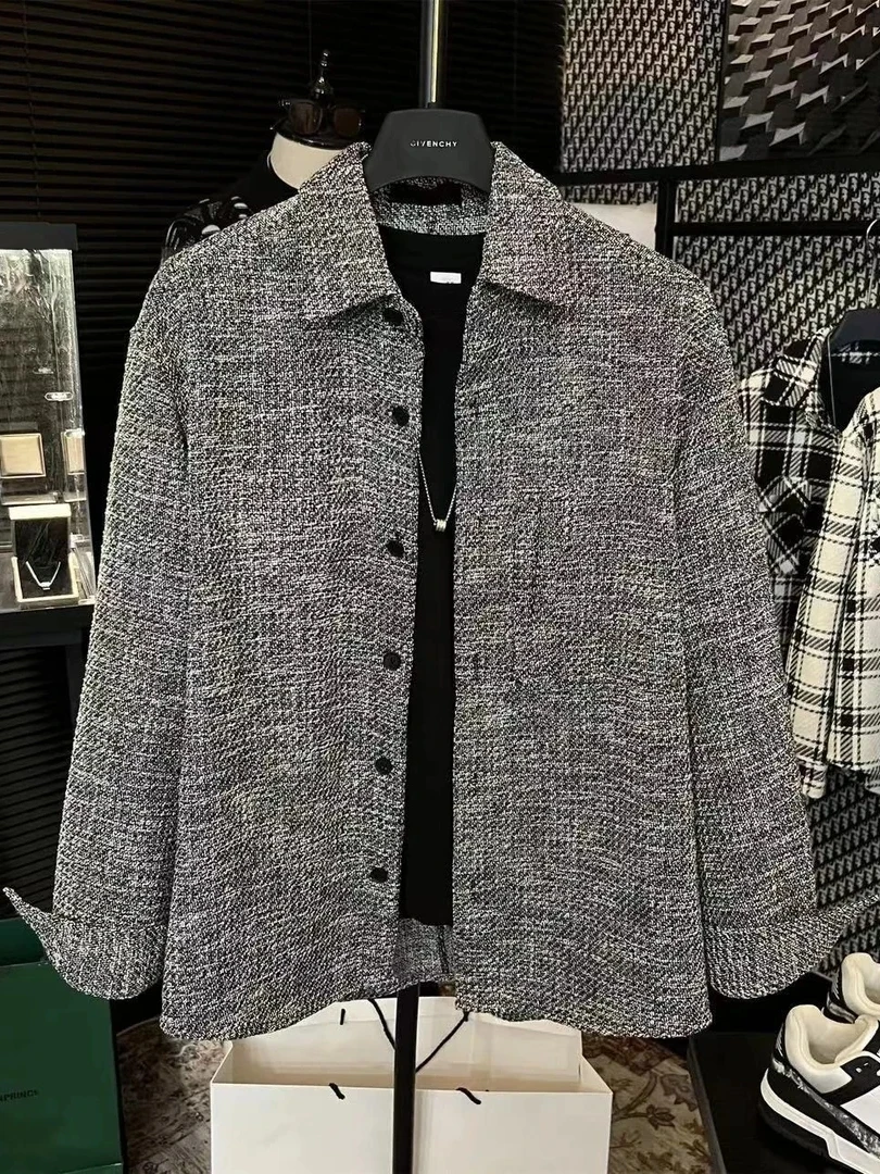 

Retro Men's Shirt Jacket Knitted Long Sleeve Grey Fashion Urban Style Spring Autumn Versatile High-End Feeling Citywalk Wear