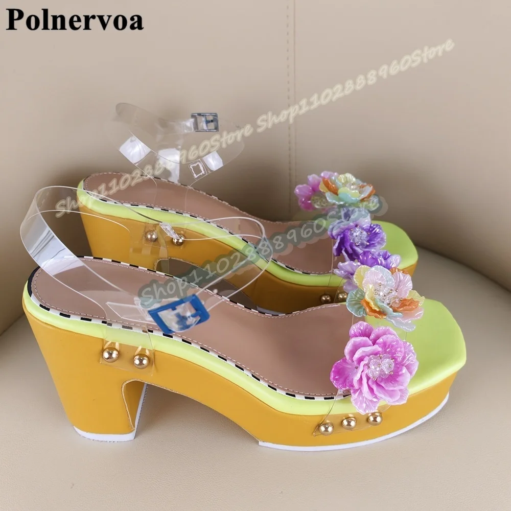รองเท้าส้นหนาแบบเปิดนิ้วเท้า สายรัดข้อเท้า วัสดุ PVC ใส ลายดอกไม้ สำหรับผู้หญิง สไตล์ทันสมัย เหมาะสำหรับงานปาร์ตี้