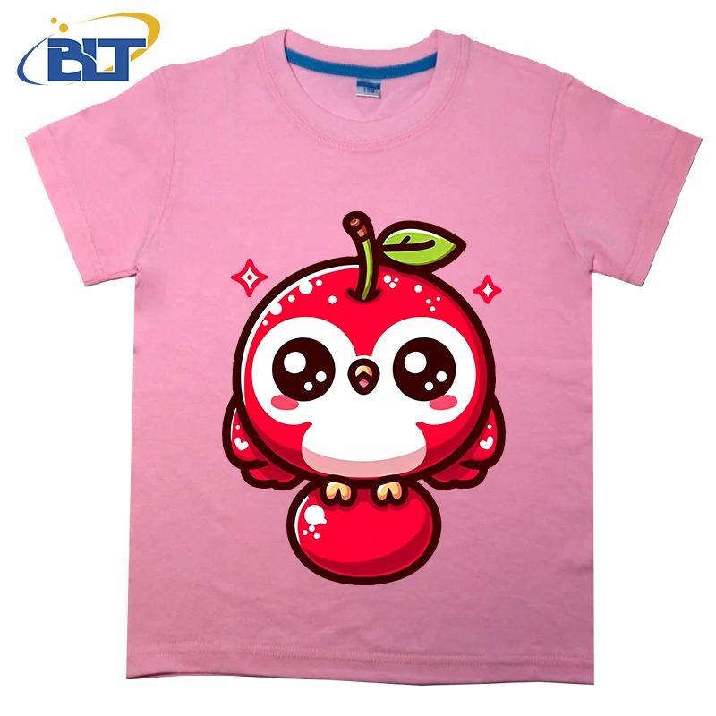 Camiseta con estampado Kawaii de cereza y búho para niños, top informal de manga corta de algodón puro de verano, adecuado para niños y niñas